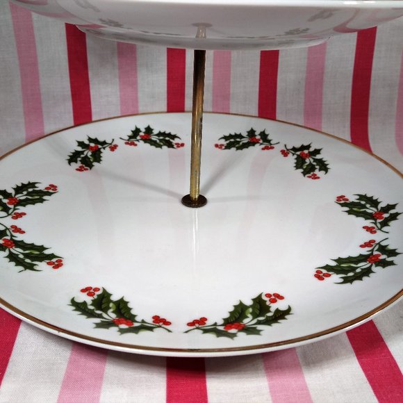 Lovely Mid Century Holly Berry 2 Tier Ceramic Plate Tid Bit Holiday Server Japan - Picture 6 of 13